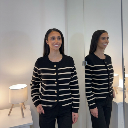 Black/Cream Striped Gold Button Cardigan