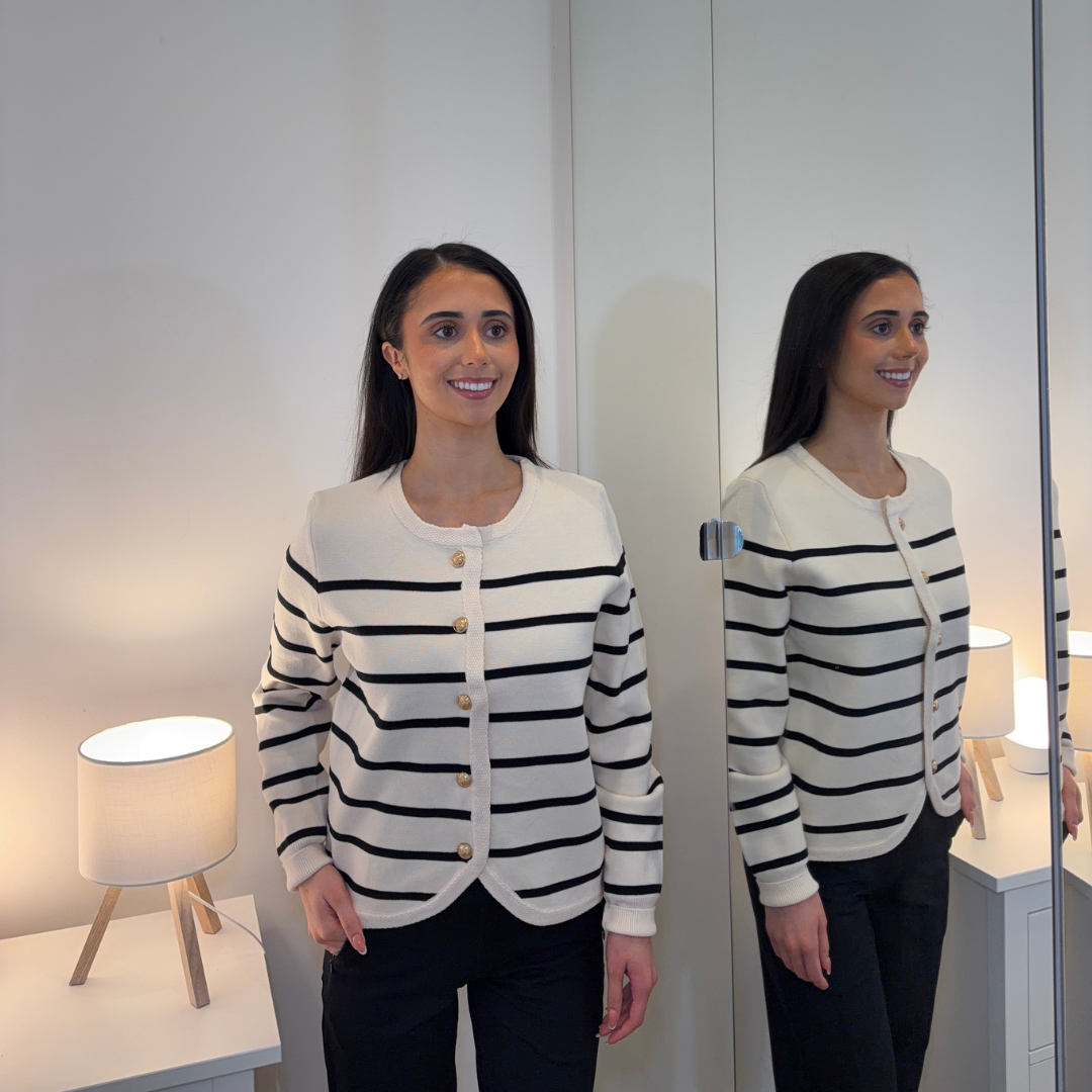 Cream/Navy Striped Gold Button Cardigan