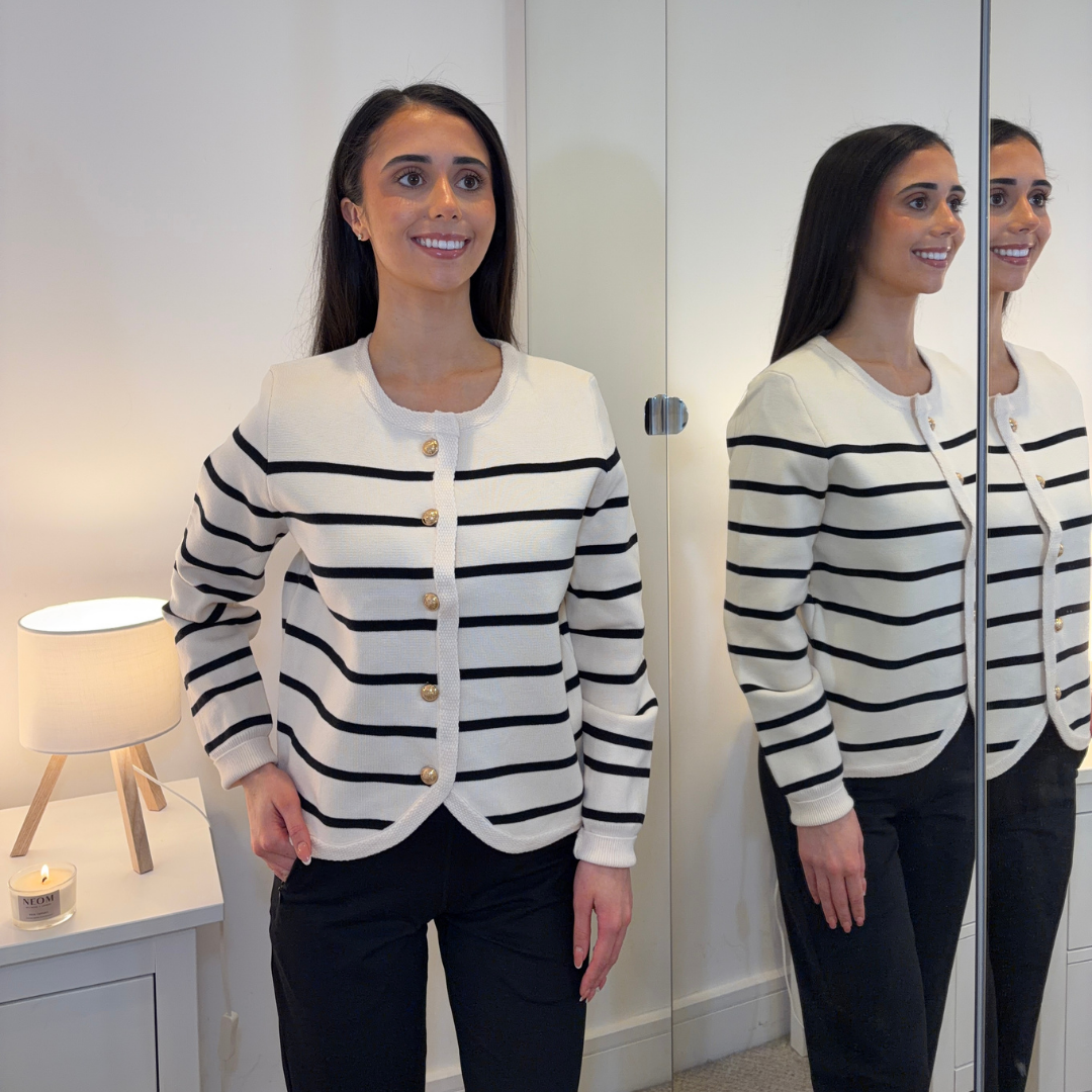 Cream/Navy Striped Gold Button Cardigan