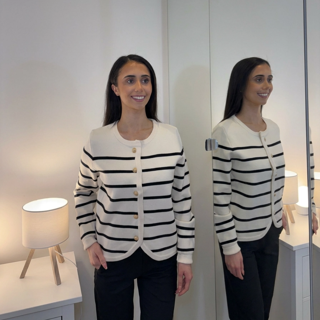 Cream/Black Striped Gold Button Cardigan